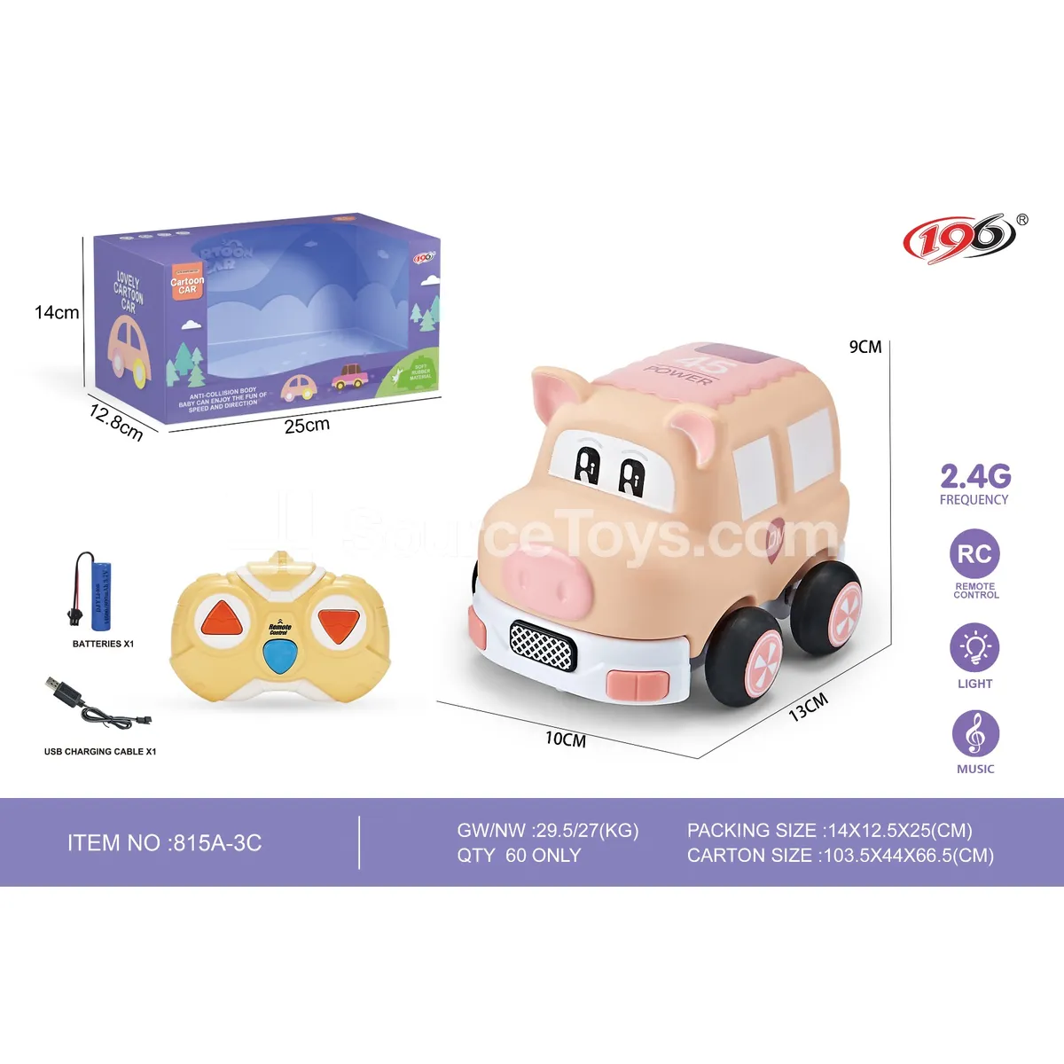 Remote Control Vinyl Pig Car with Lights, 3-Channel, Battery Included