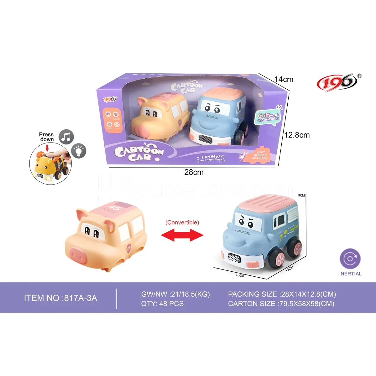Transformable Inertia Van with Pig Design (Press for Lights & Music, Battery Included)