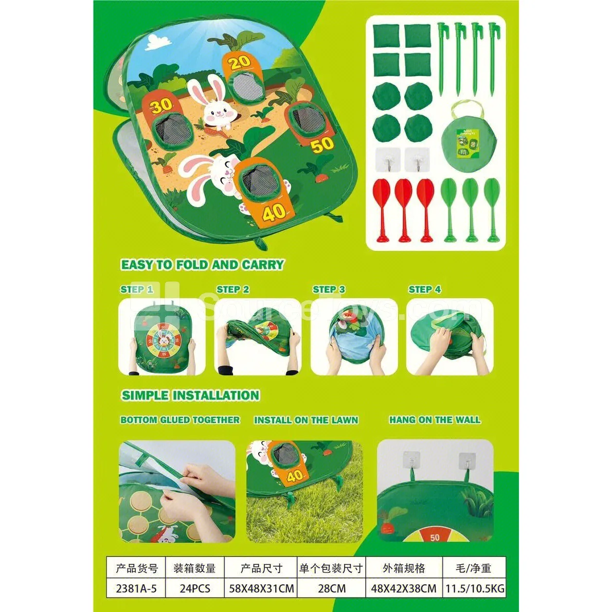 Foldable Bean Bag Toss Game Board - 3-in-1 Target with Rabbit & Carrot Design Foldable Bean Bag Toss Game Board - 3-in-1 Target with Rabbit & Carrot Design