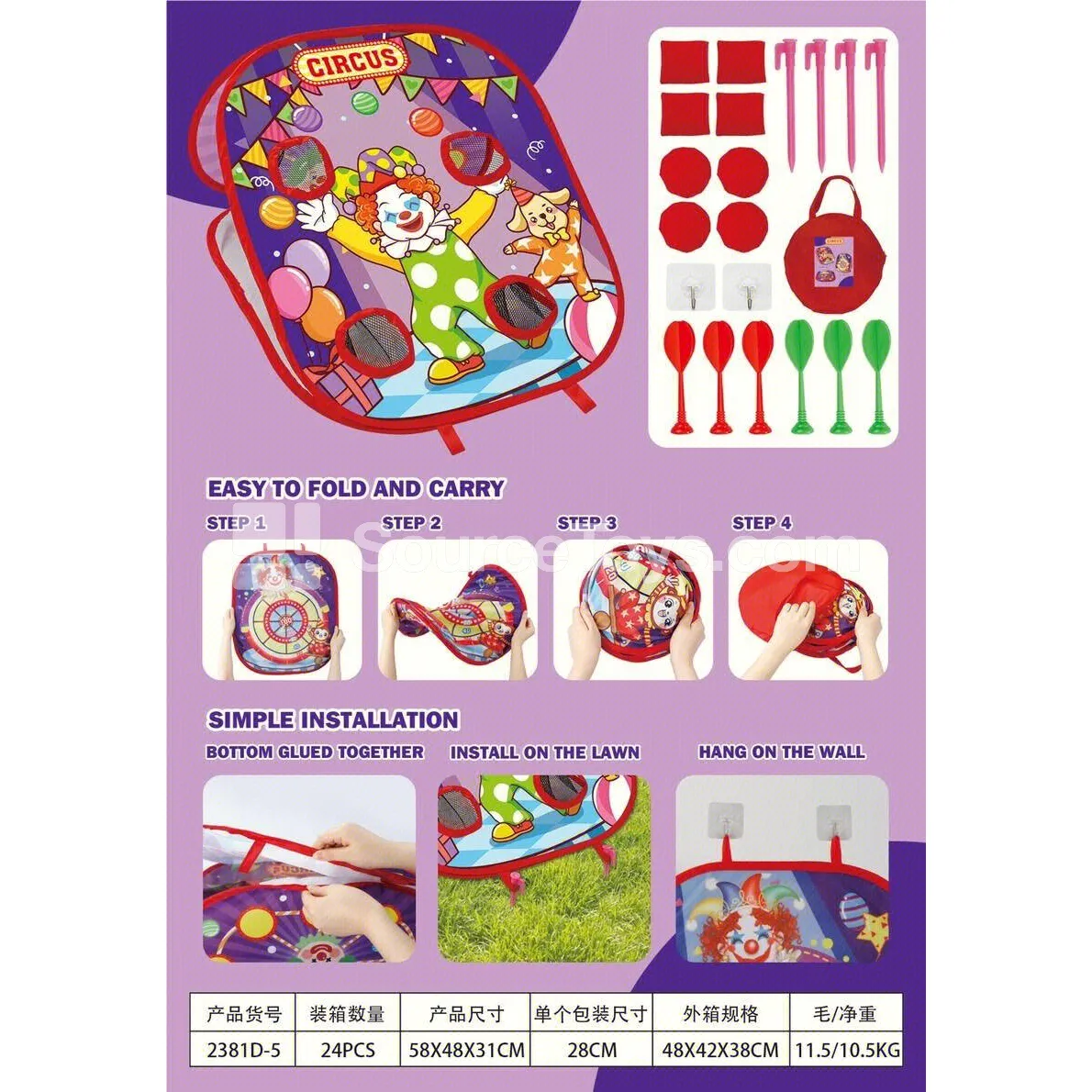 Folding Toss Game Board - 3-in-1 Target with Clown Design