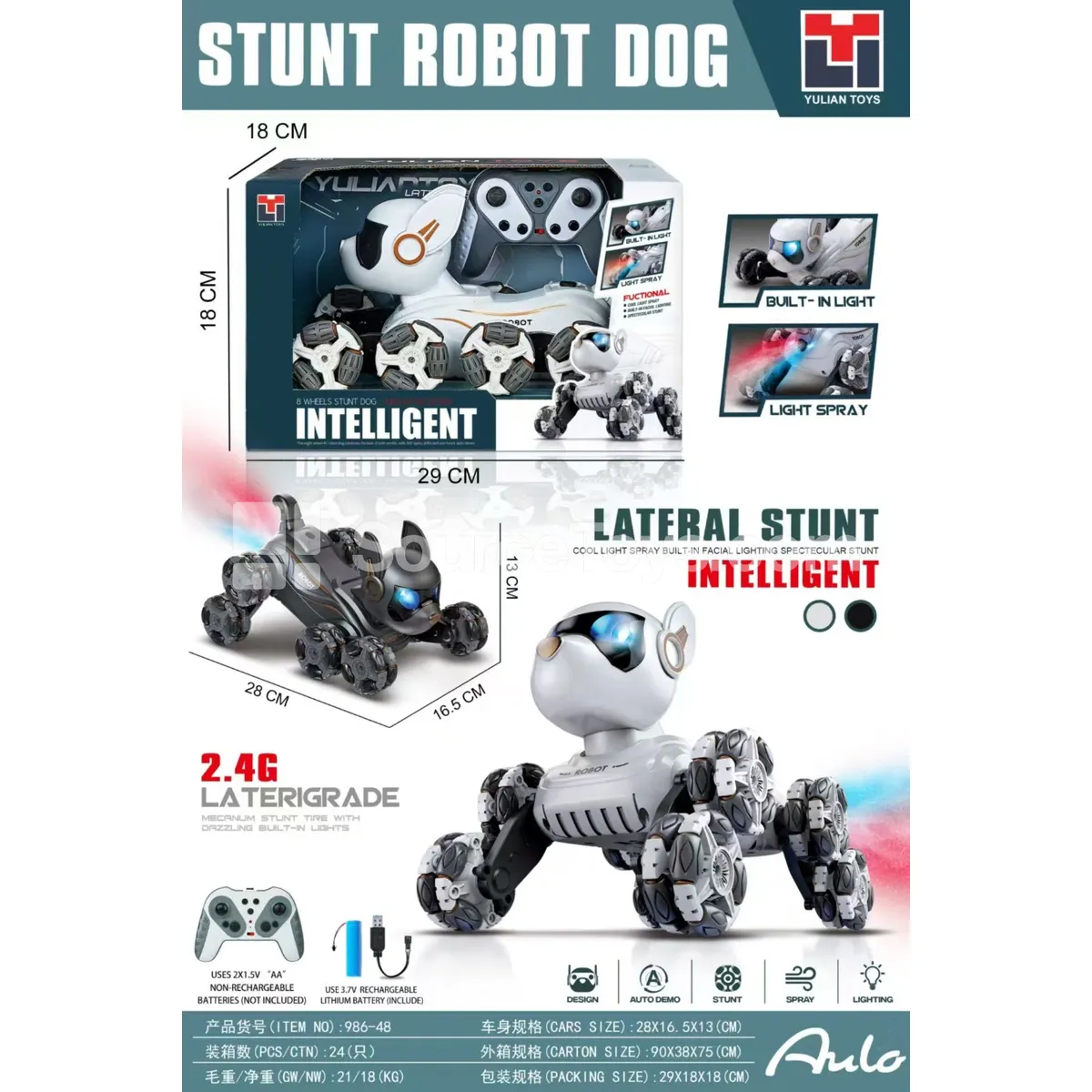 2.4G 13-Channel RC Stunt Dog with Lights, Music & Spray Effects, 8 Wheels 2.4G 13-Channel RC Stunt Dog with Lights, Music & Spray Effects, 8 Wheels
