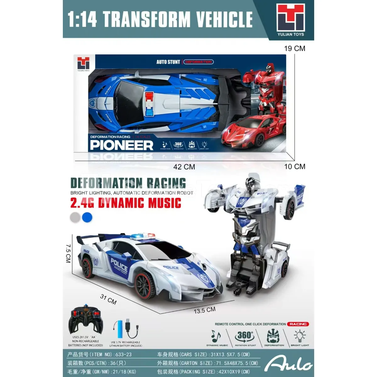 2.4G 1:14 Remote Control Police Car with Lights, Sound & One-Key Transformation 2.4G 1:14 Remote Control Police Car with Lights, Sound & One-Key Transformation