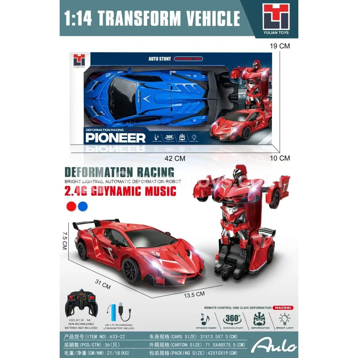 2.4G 1:14 RC Race Car with Lights and Music One-Button Transformation 2.4G 1:14 RC Race Car with Lights and Music One-Button Transformation