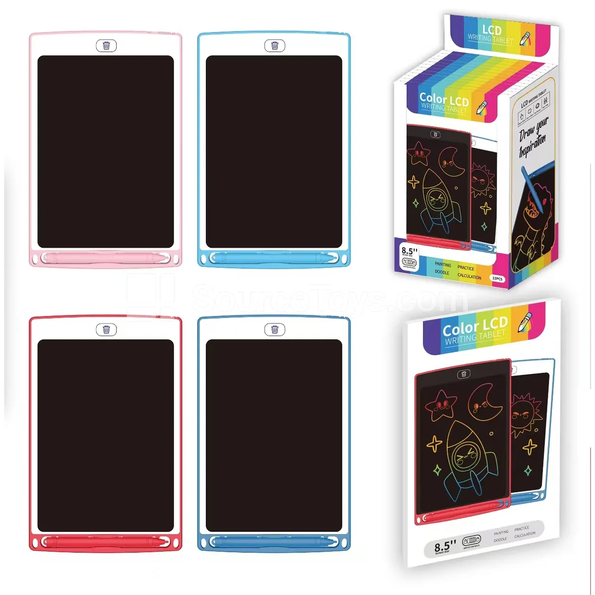 8.5-inch LCD Writing Tablet with White Face Sticker, ABS, Color Screen, Display Box of 12 pcs, 4 Colors