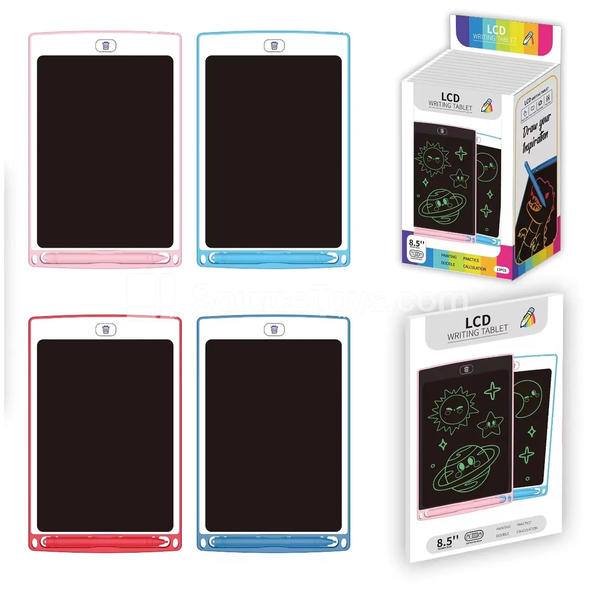 Display Box of 12 ABS LCD Writing Tablets, 8.5-Inch Monochrome Screen, 4 Colors, White Face, Battery Included