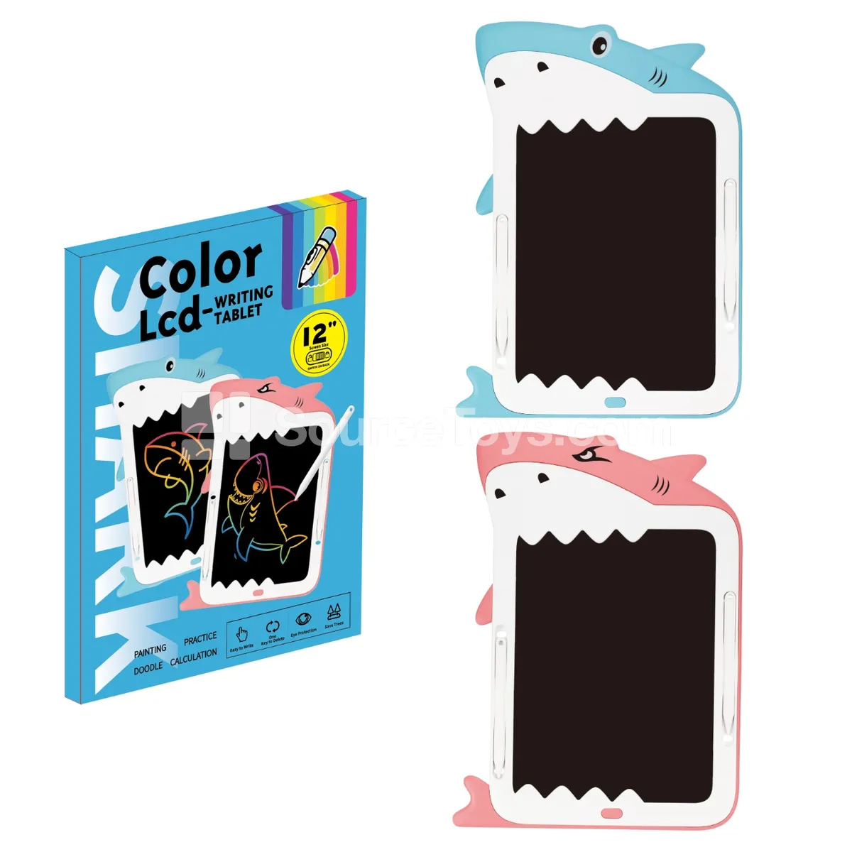 2-Color 12-Inch LCD Writing Tablet with Shark-Shaped Color Screen, ABS, Battery Included (CR2025) - Educational Toy