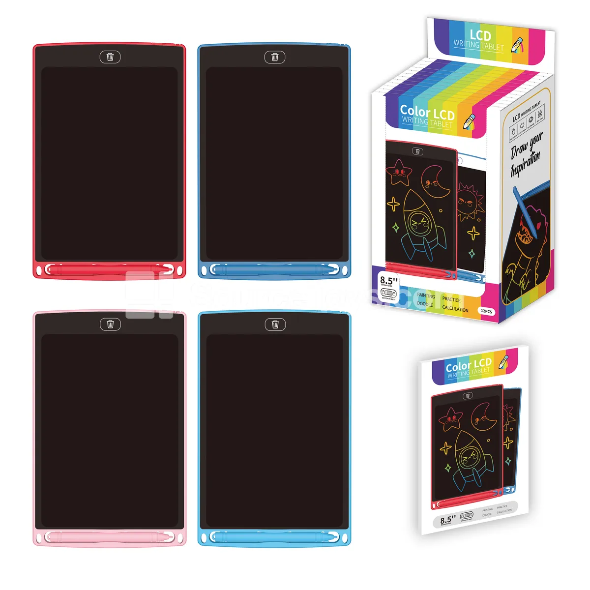 LCD Writing Tablet, 8.5 inch, Color Screen, ABS, 12pcs Display Box (4 Colors, Battery Included)