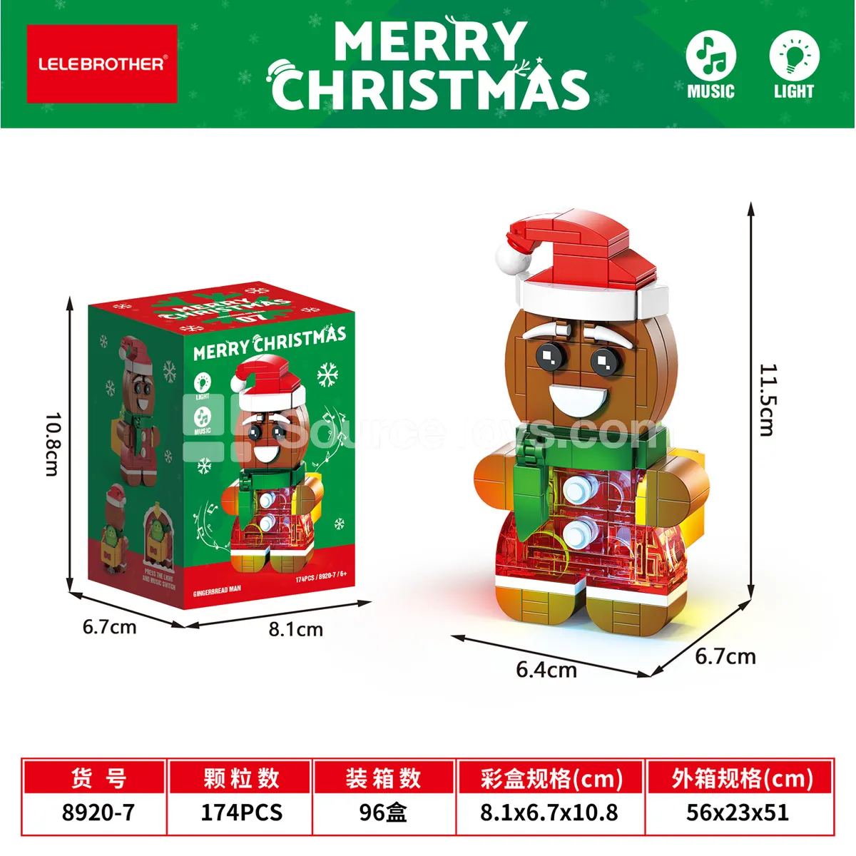 Educational Building Blocks Christmas Gingerbread Man with Sound and Light, 174PCS Educational Building Blocks Christmas Gingerbread Man with Sound and Light, 174PCS