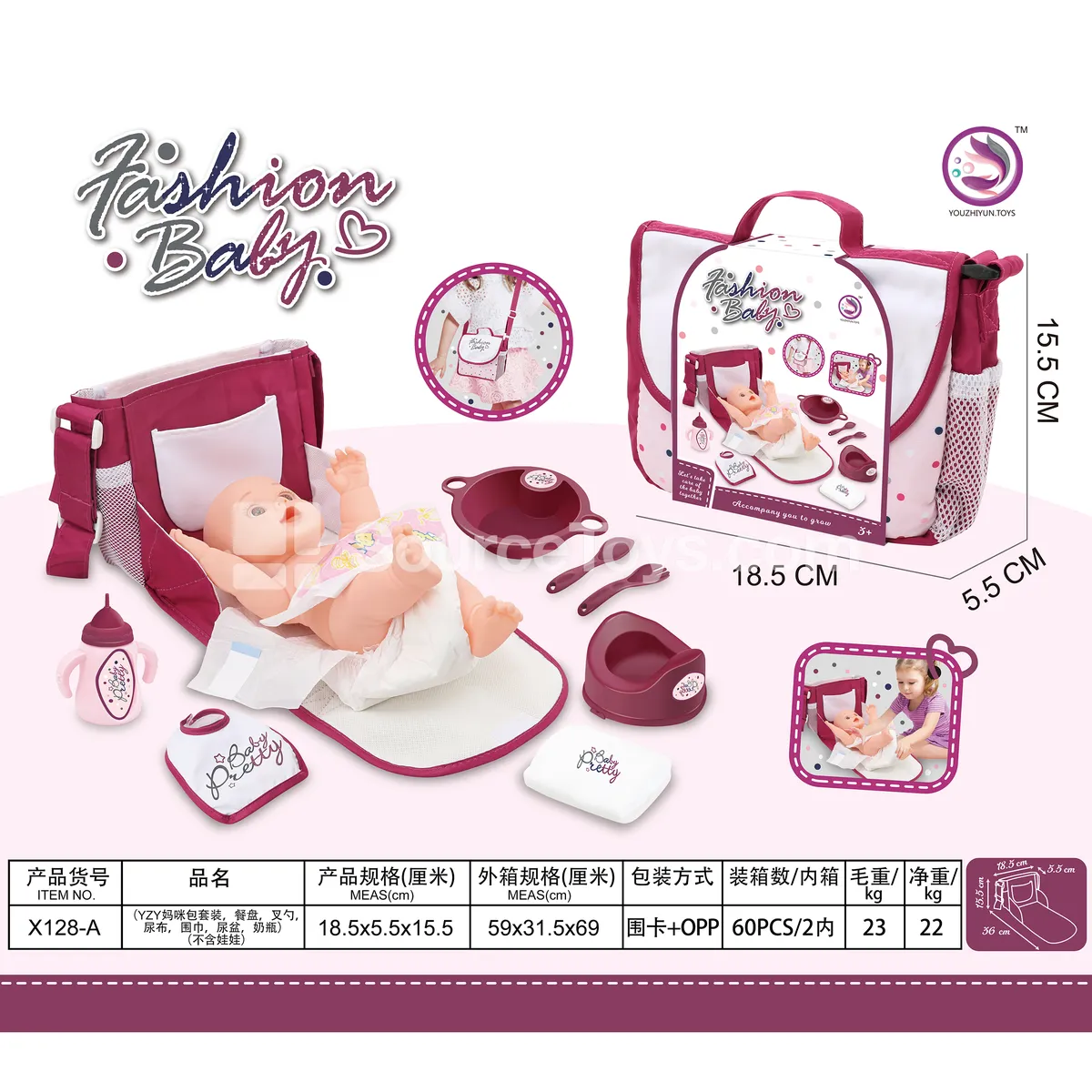 Mommy Bag Set with Plate, Fork & Spoon, Diaper, Scarf, Potty, Bottle