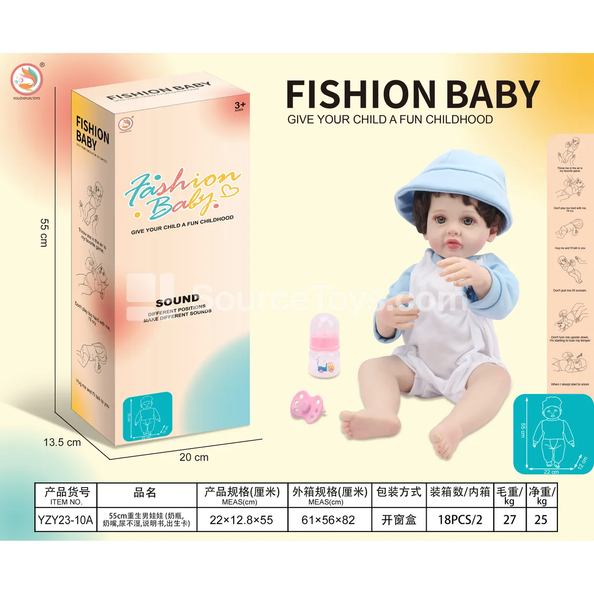 55cm Reborn Baby Doll with Accessories (Bottle, Pacifier, Diaper, Manual, Birth Certificate)