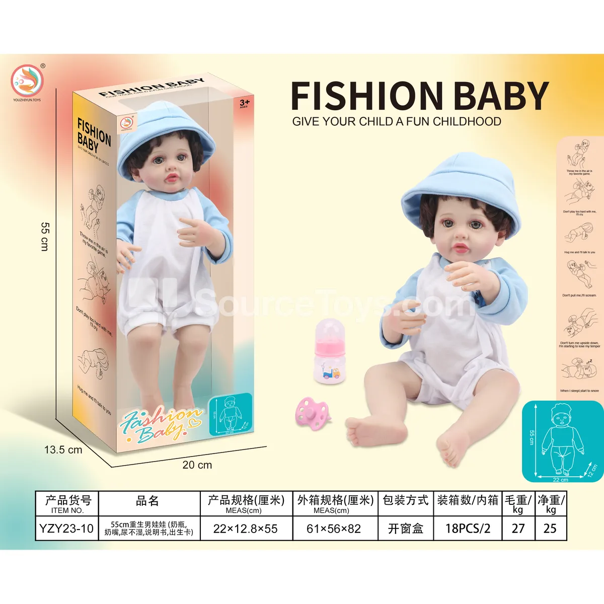 55cm Reborn Boy Doll with Bottle, Nipple, Diaper, Manual, Birth Certificate