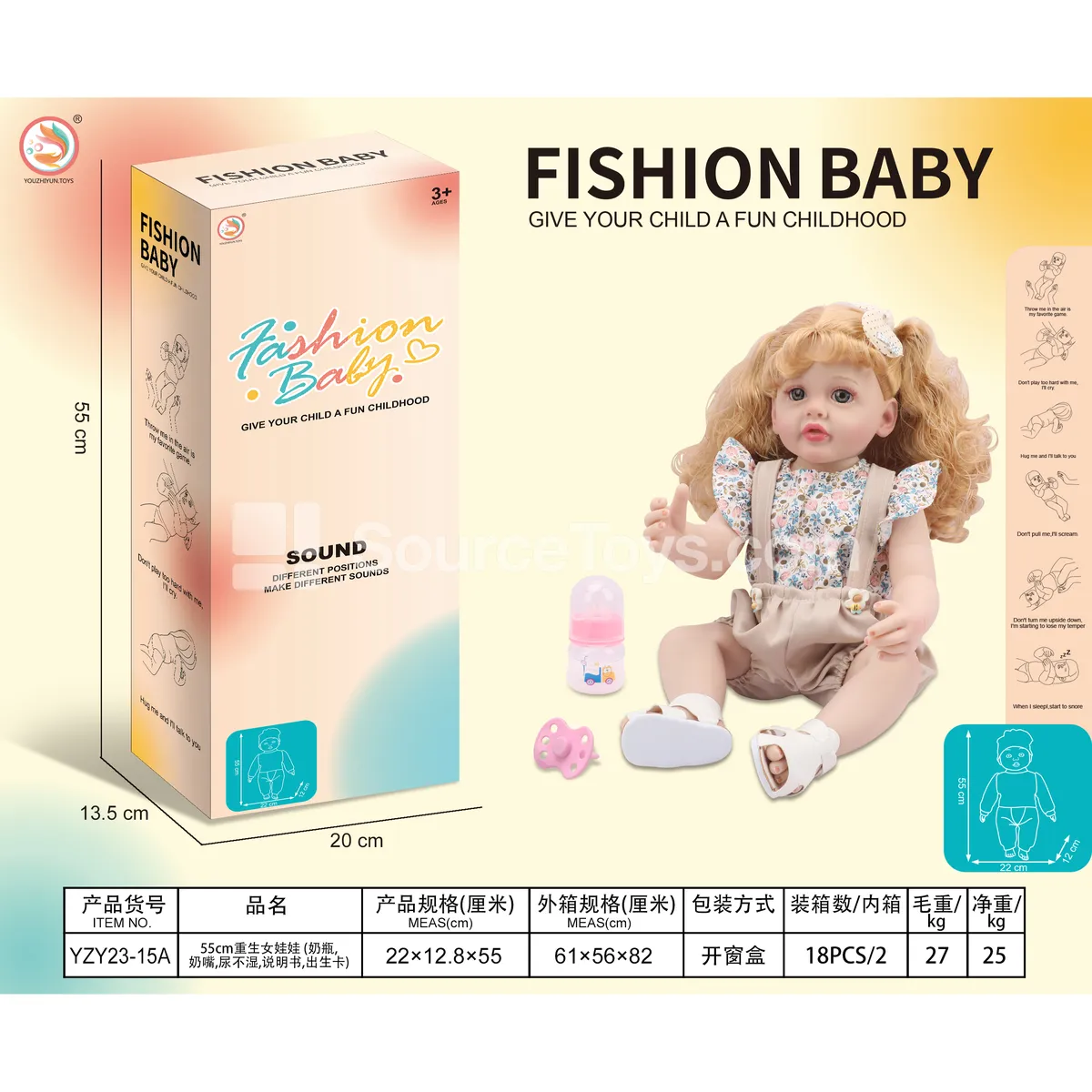 55cm Reborn Doll with Bottle, Pacifier, Diaper, Manual, Birth Certificate