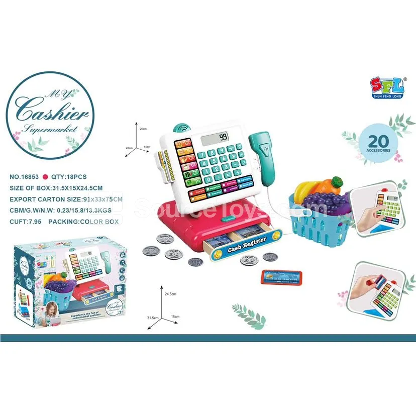 Pretend-Play Supermarket Checkout Set with Cash Register, Basket & Food Accessories