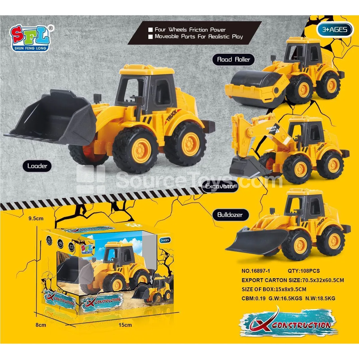Realistic Inertial 4WD Construction Vehicles Set (Excavator, Bulldozer, Roller)