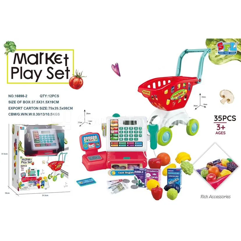 Cash Register Shopping Cart Playset with Pretend Fruits & Vegetables