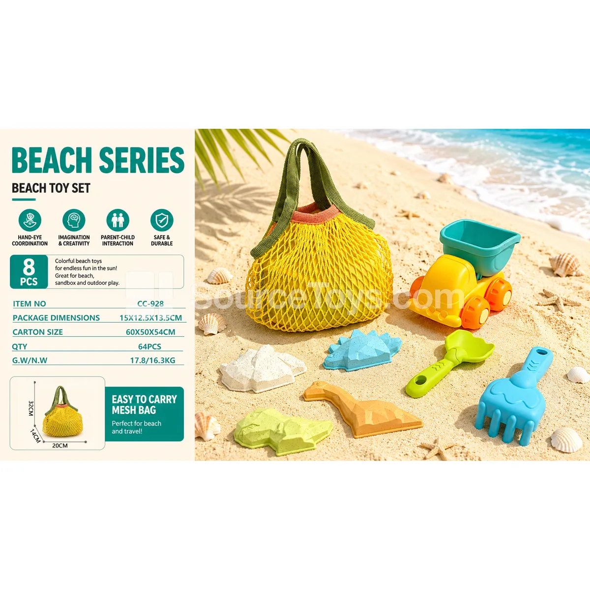 8-Piece Beach Toy Set (Storage Bag, Truck, Shovel, Rake, Sand Molds)
