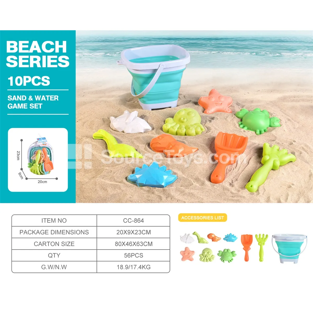 10-Piece Beach Toy Set with Folding Bucket, Shovel, Rake & Dinosaur Sand Molds