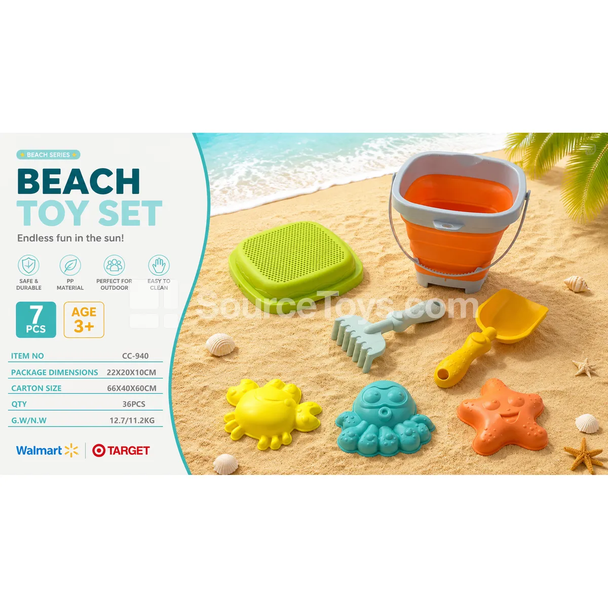 Foldable Bucket & Sand Sifter Beach Toy Set 7pcs