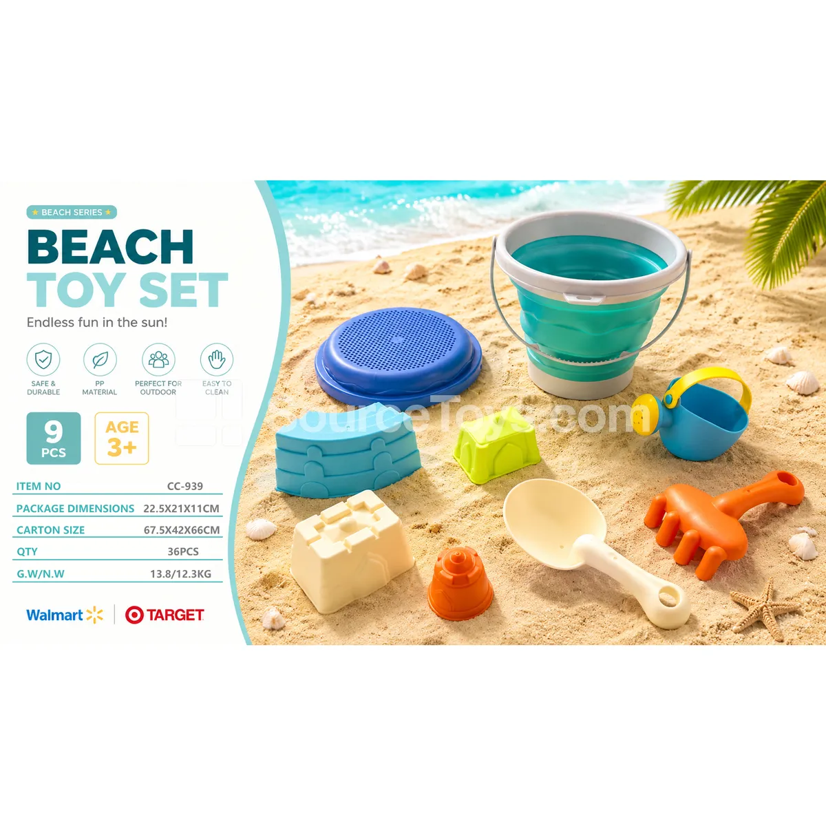 Foldable Bucket & Sand Sifter Beach Toy 9-Piece Set