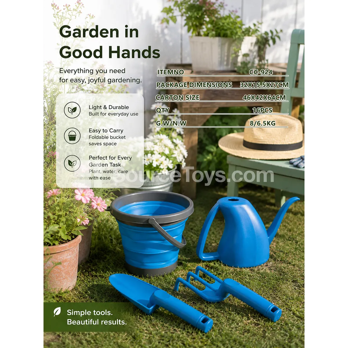 Garden Tool Watering Can Collapsible Bucket Shovel Rake 4-Piece Set
