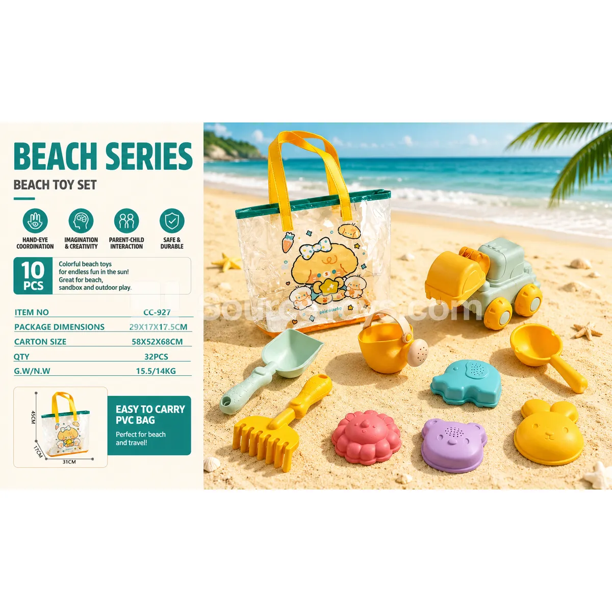 Beach Toy Set 10-Piece with Excavator, Shovel, Rake, Sand Molds and Storage Bag