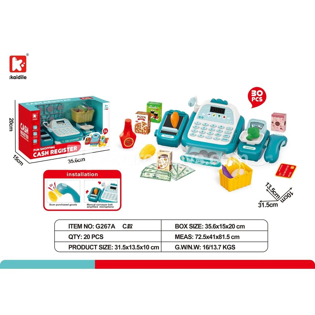 Supermarket Cash Register Pretend-Play Toy, 30 Pcs Supermarket Cash Register Pretend-Play Toy, 30 Pcs