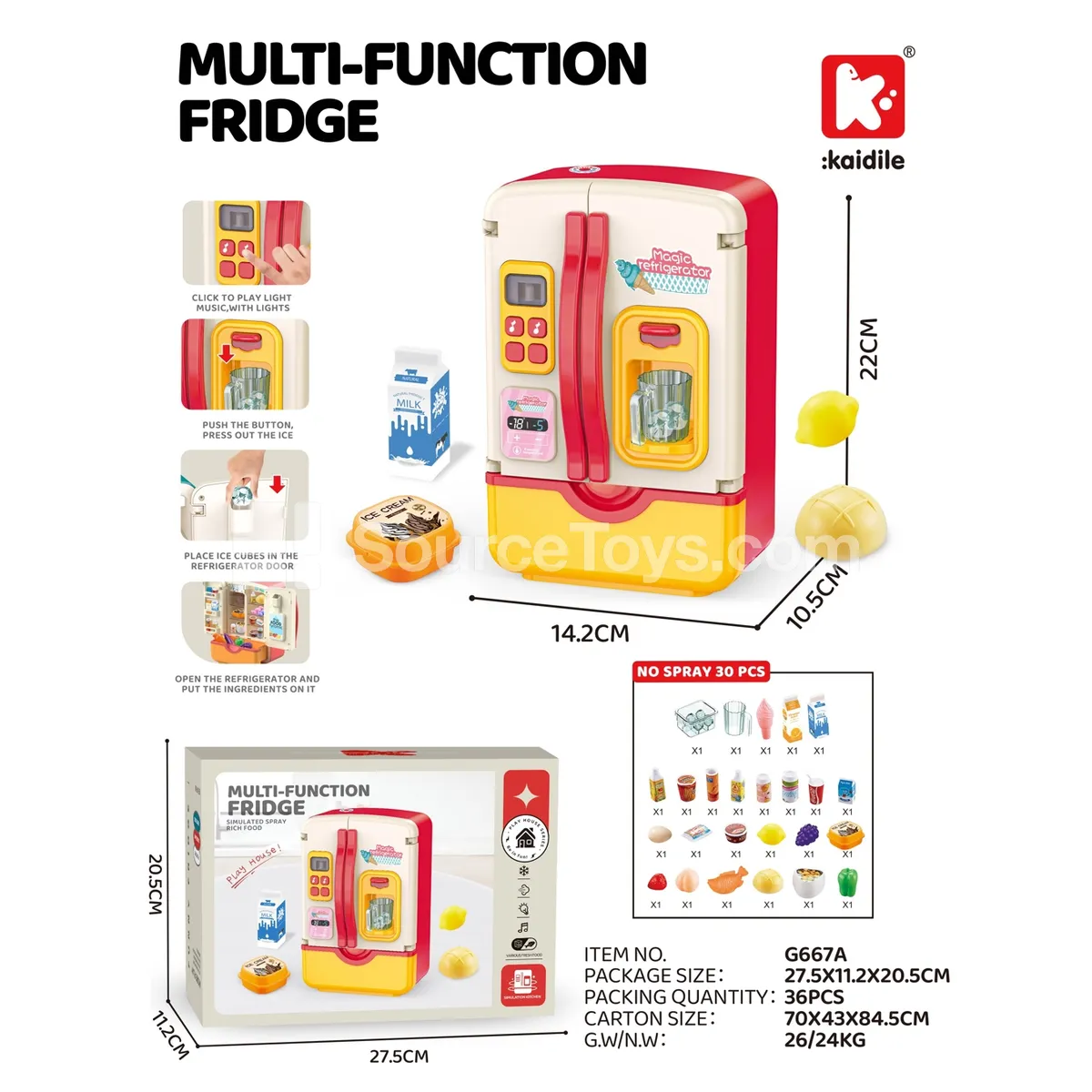 Light & Sound Toy Refrigerator 30-Piece Set (No Spray)