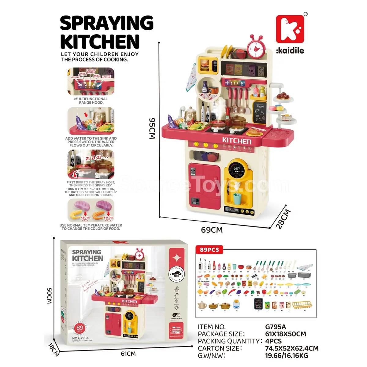 96cm Extra-Large Kitchen Playset with Spray Function, 89 Pieces