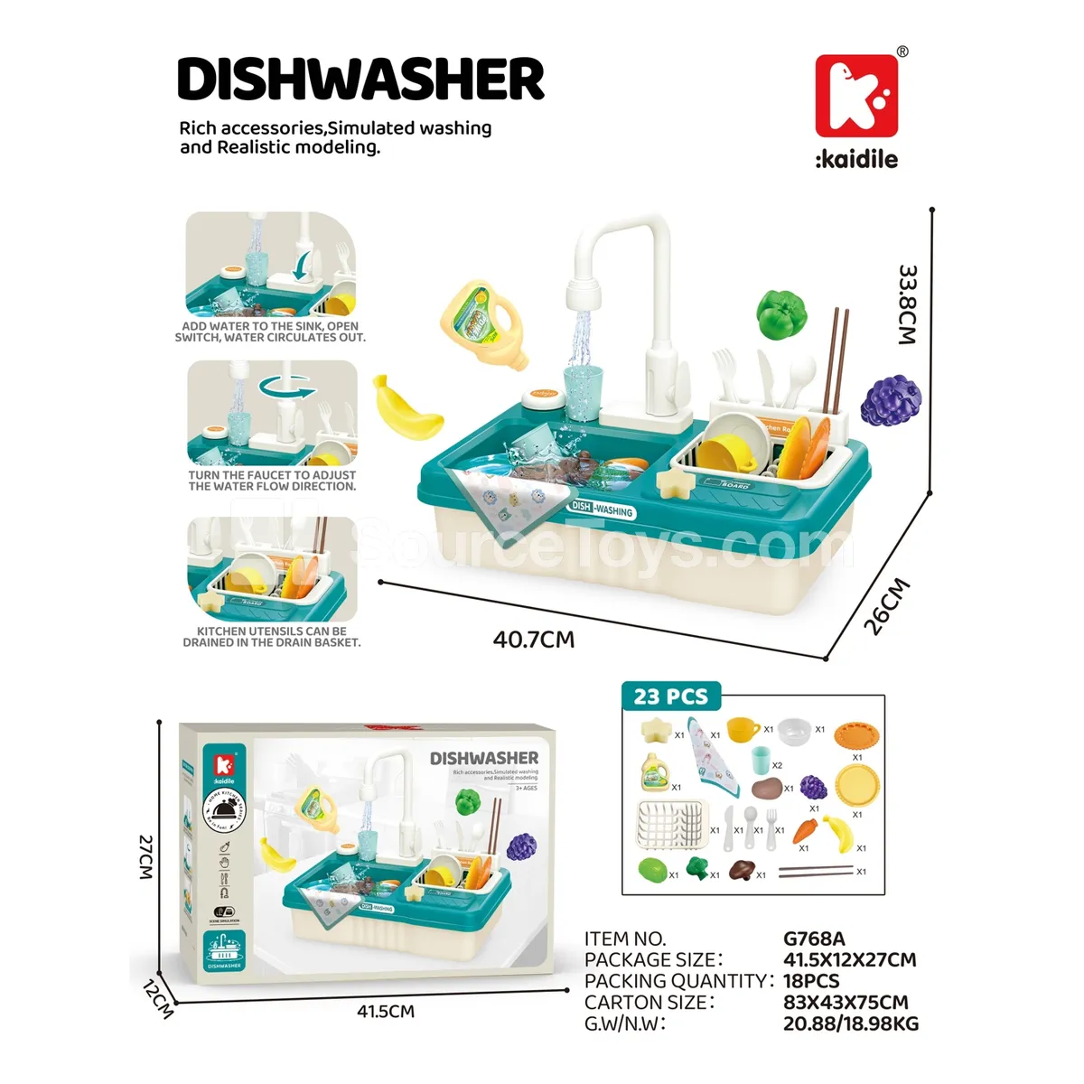 Pretend-Play Dishwasher Set, 23 Pieces