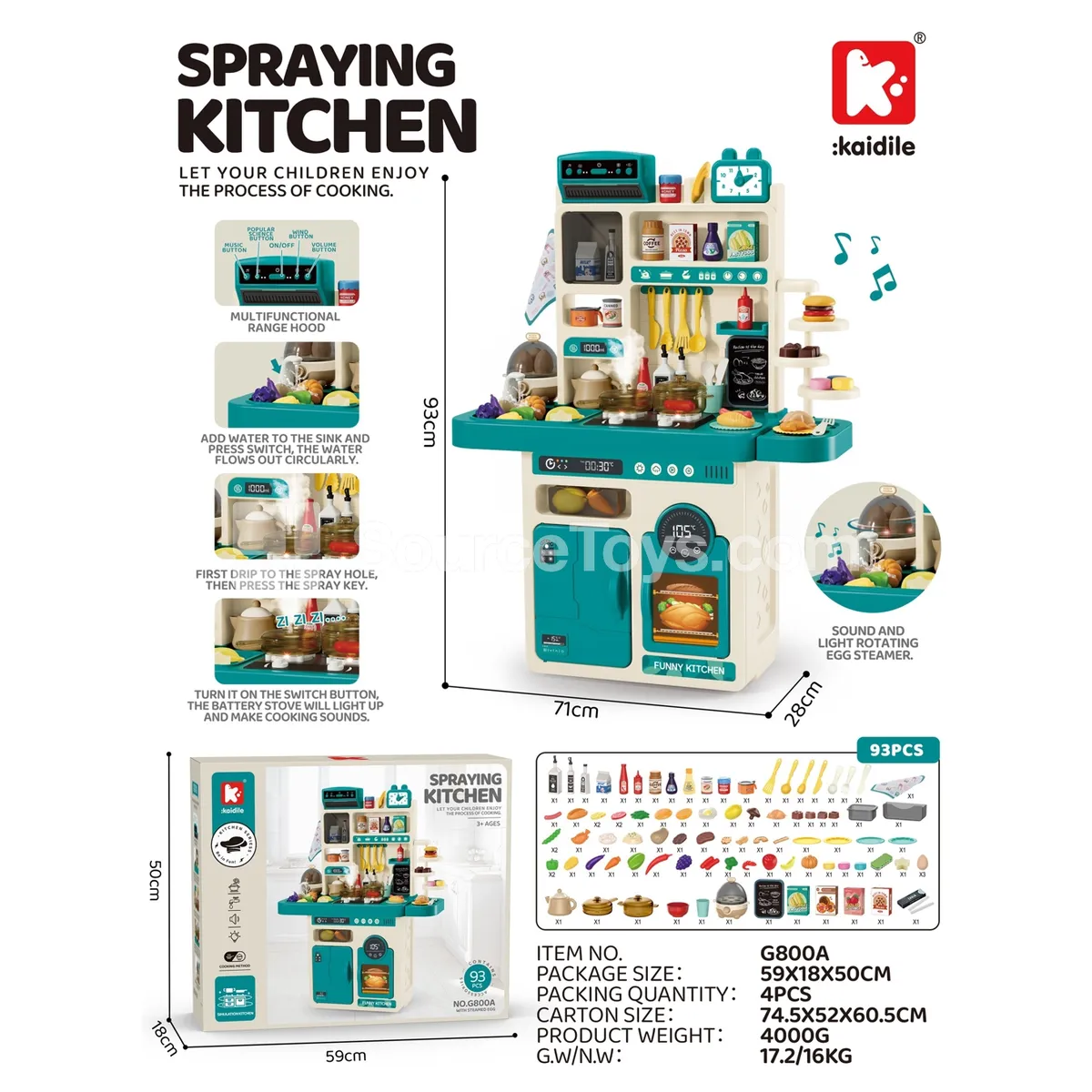 95cm Extra Large Kitchen Playset with Egg Steamer, 93 Pieces