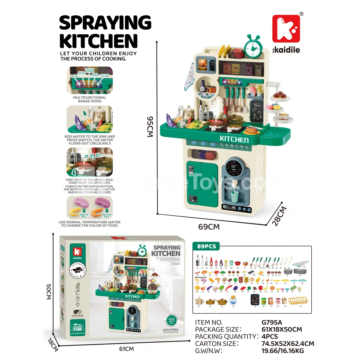 89-Piece Large Kitchen Playset with Spray, 96cm