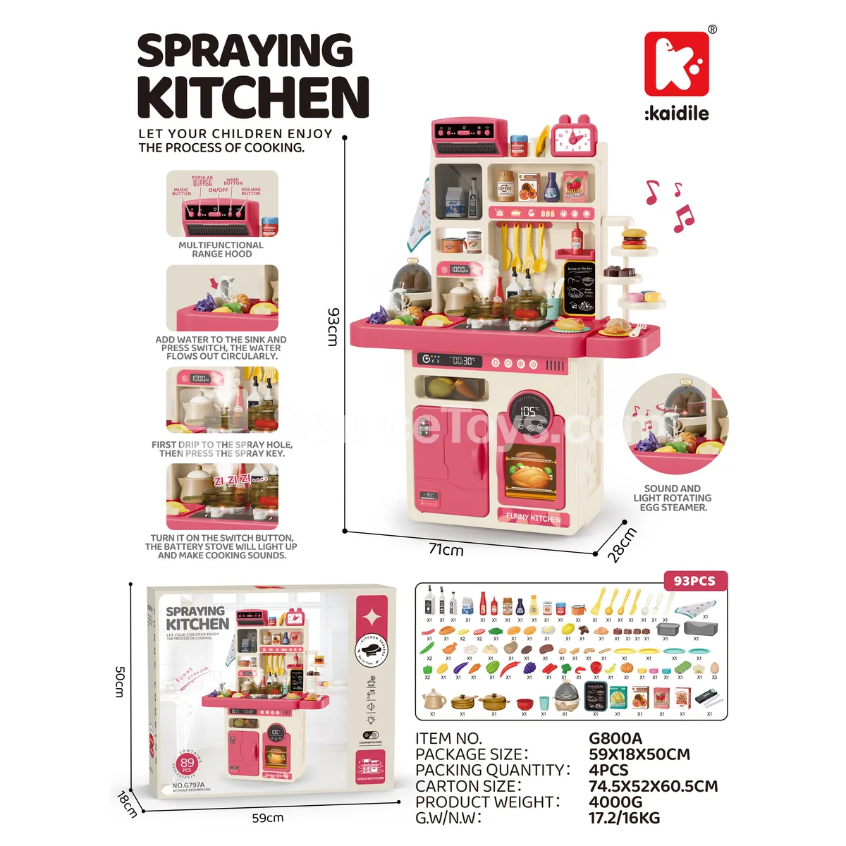 95cm Large Kitchen Playset with Egg Steamer, 93-Piece Set