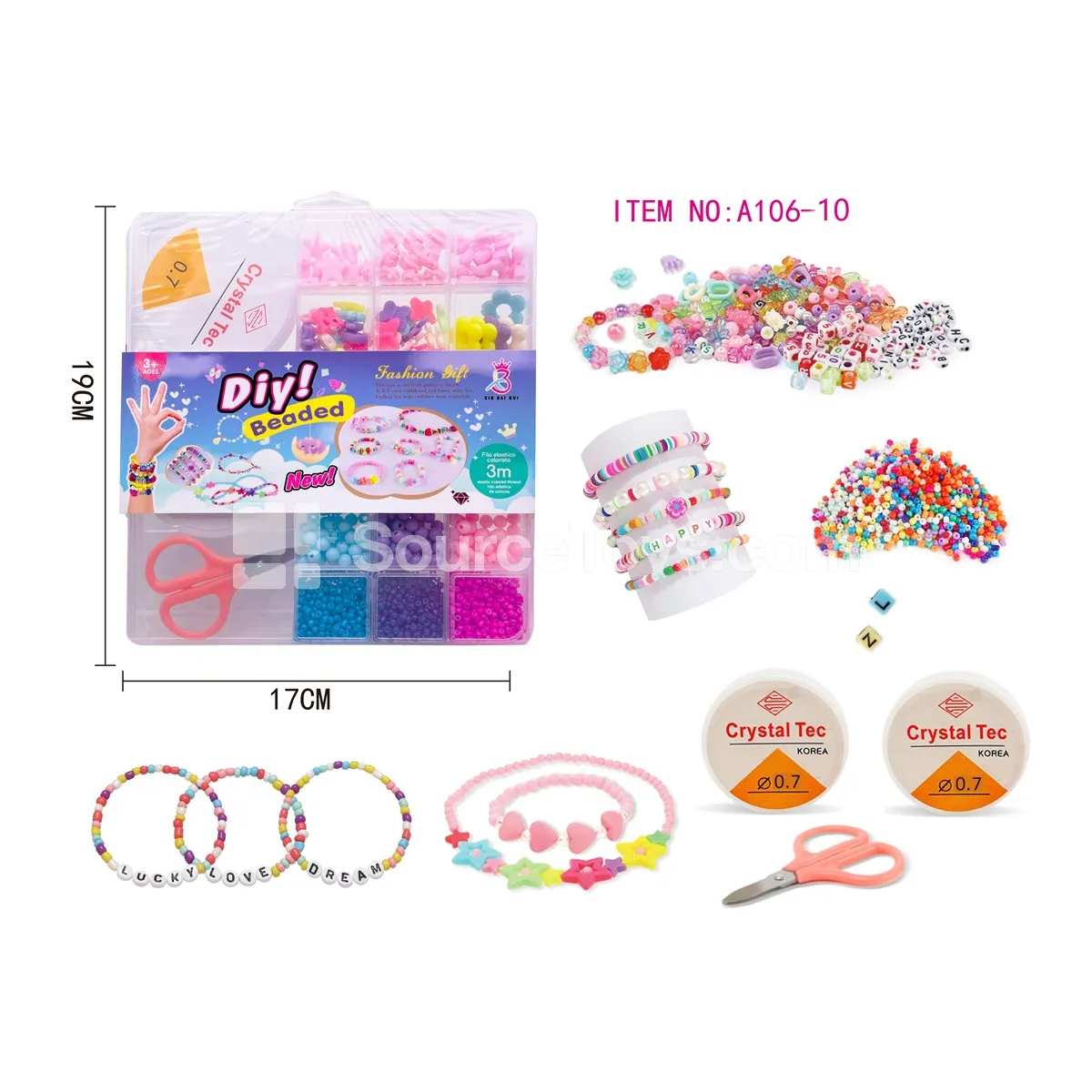 Girls’ Jewelry DIY Bead Box 20 Grids with Coils and Scissors, Rainbow Beads, Kids’ Craft Set