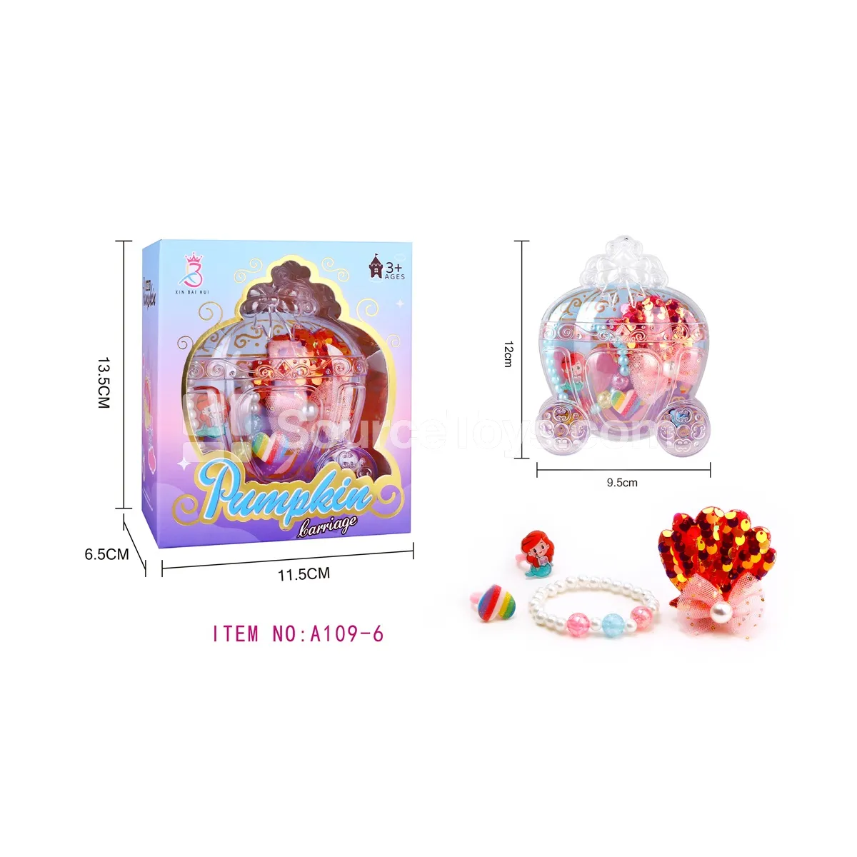 Girls’ Pretend-Play Jewelry Box with Pumpkin Carriage Hair Clip and Bracelet