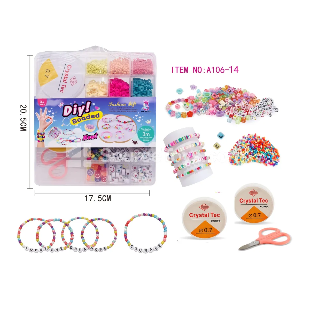 DIY Bead Craft Box 20 Grids with Coiled Threads, Scissors, Letter Beads & Seed Beads Rainbow Colors
