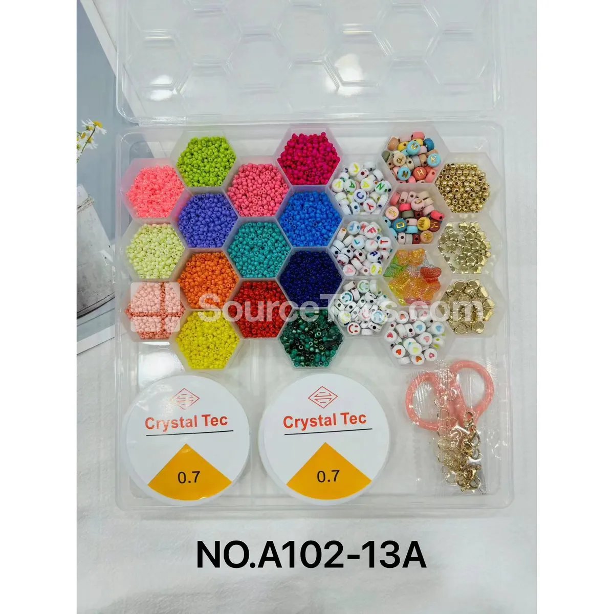 26-Compartment DIY Bead Box with Seed Beads and Letter Beads, Rainbow Colors