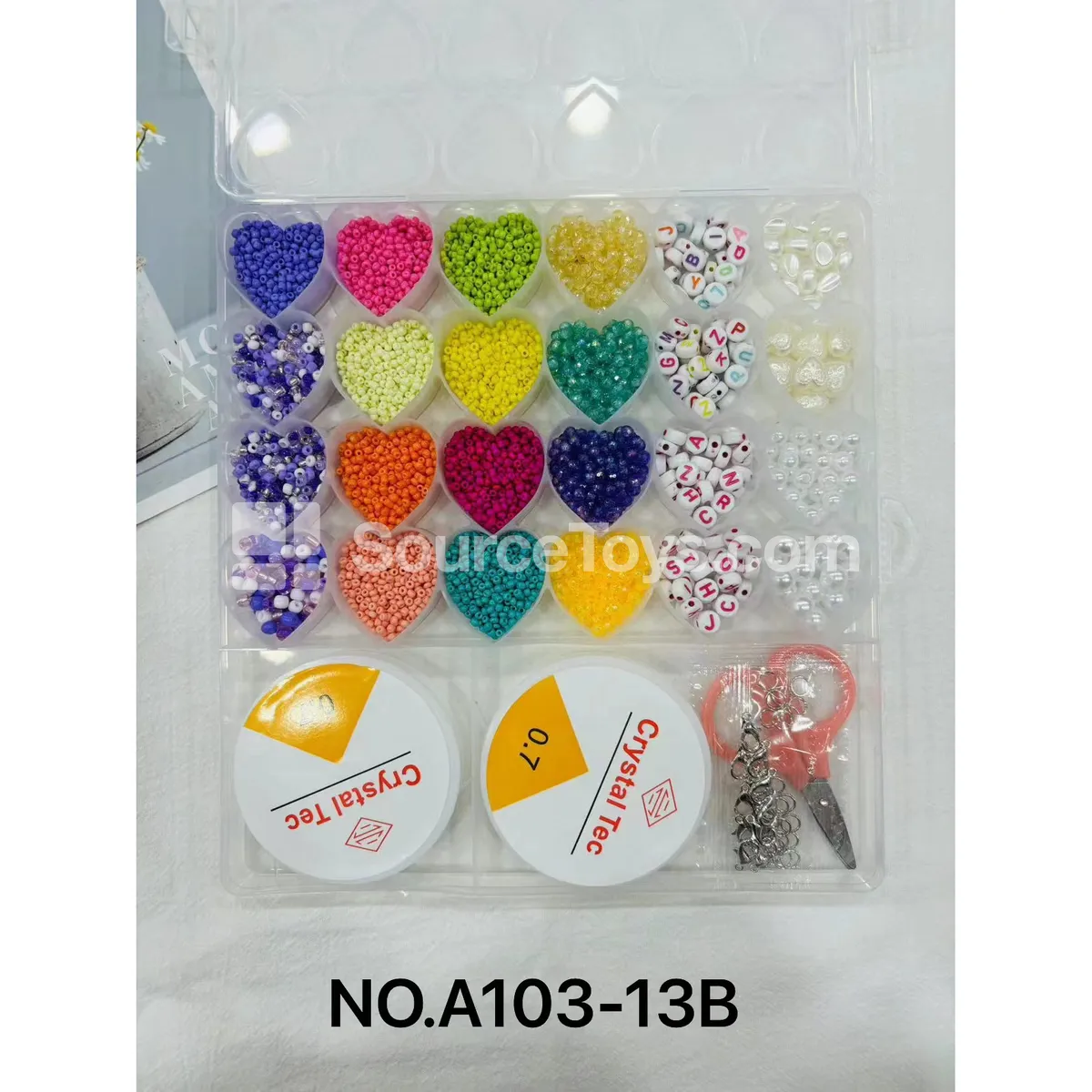 Girls’ 26-Grid Heart-Shaped DIY Bead Craft Box with Mini Beads and Letter Beads, Rainbow Colors