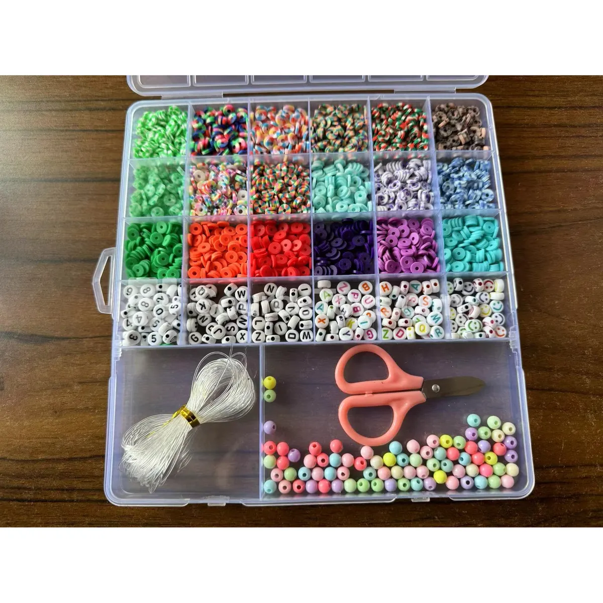 Girls’ Jewelry DIY Bead Set – 24-Grid Box with Polymer Clay, Seed Beads & Letter Beads in Rainbow Colors