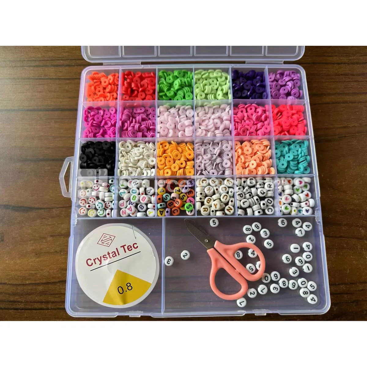 Girls’ Jewelry Making DIY Bead Kit – 24-Compartment Box with Polymer Clay, Seed & Letter Beads, Rainbow Colors