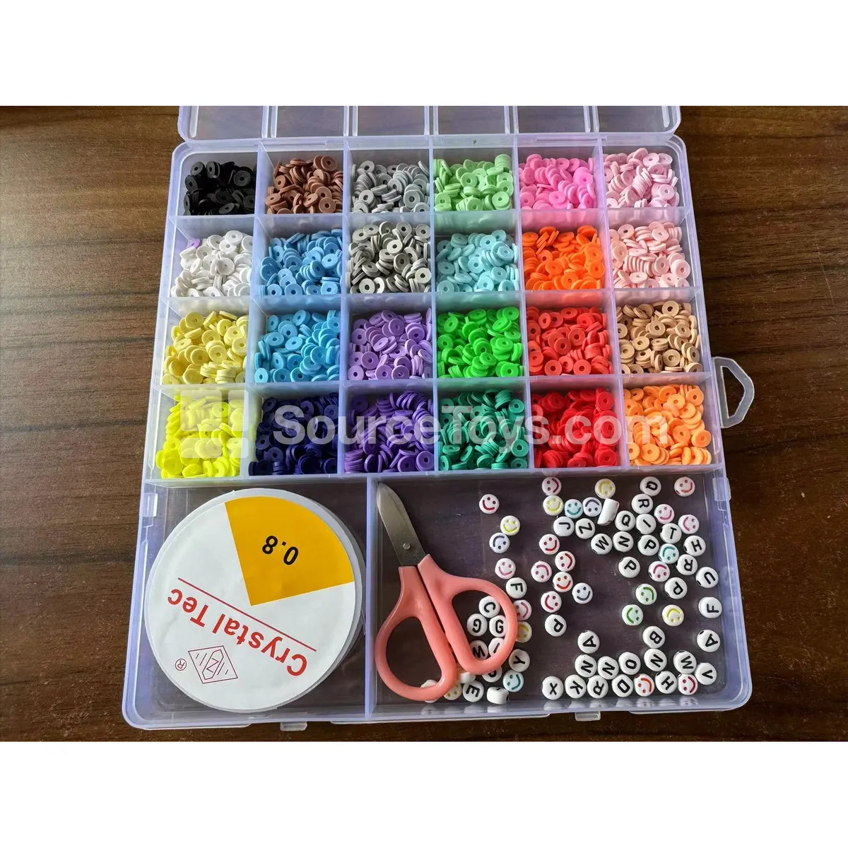 Girls’ Jewelry DIY Bead Craft Kit in 24-Compartment Box – Soft Clay, Seed, and Letter Beads – Rainbow Colors for Kids’ Handmade Play