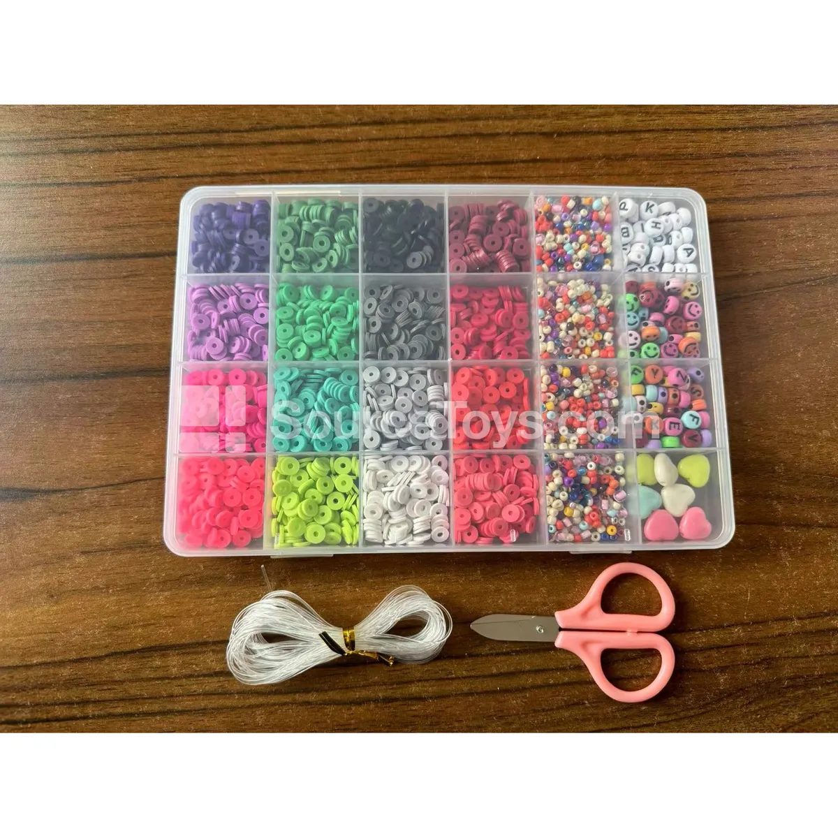 Girls Jewelry DIY Bead Set 24-Compartment Box – Polymer Clay, Seed Beads, Letter Beads – Rainbow Colors