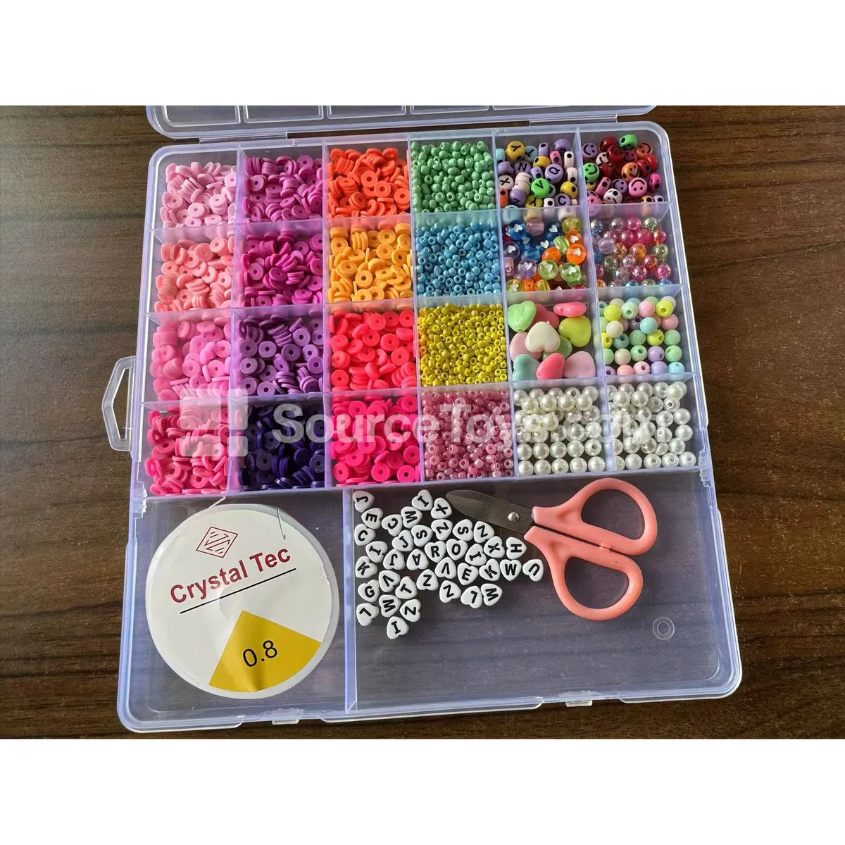 Girls’ Jewelry DIY Bead Craft Kit, 24-Compartment Box Set – Polymer Clay, Seed Beads & Letter Beads in Rainbow Colors