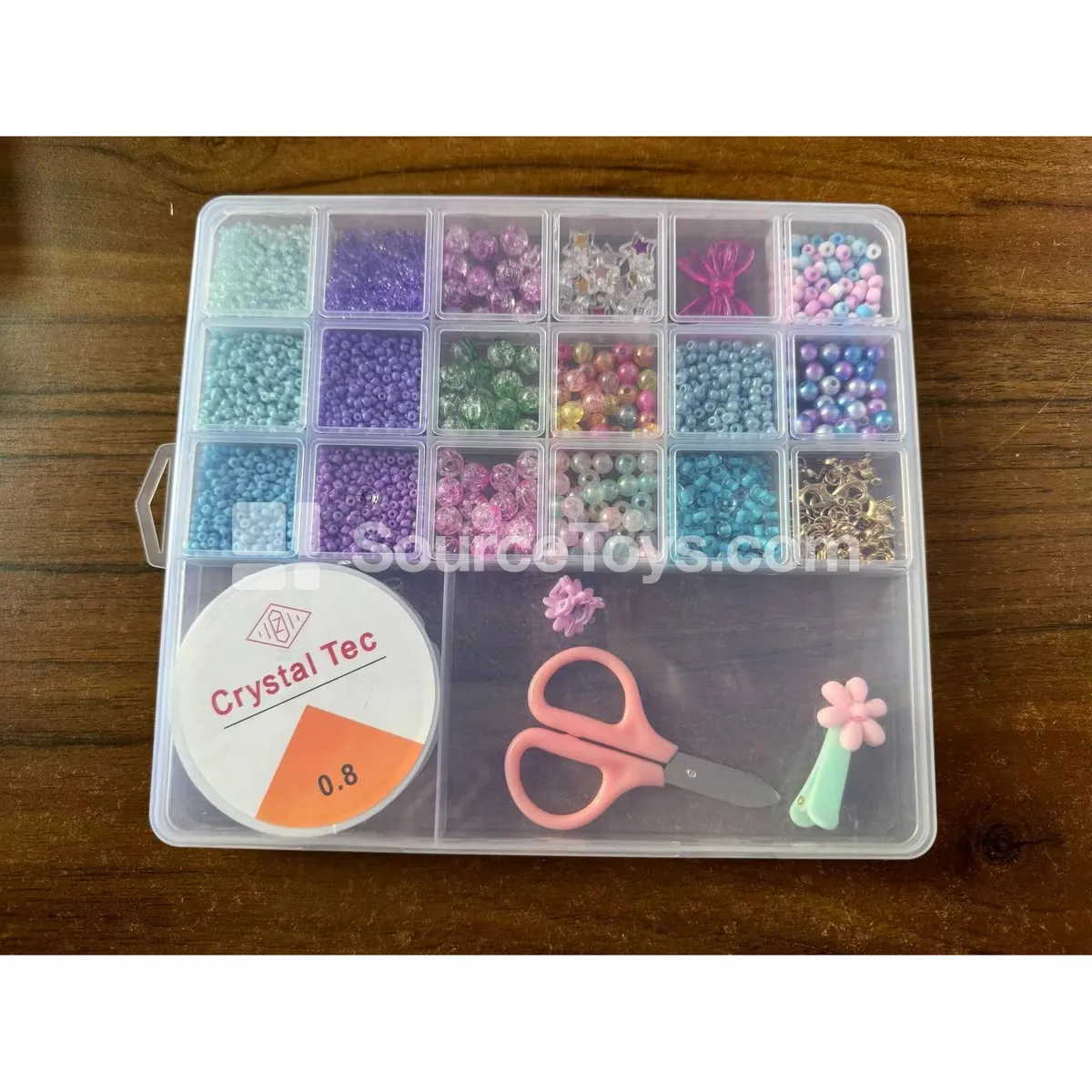 Girls’ Jewelry DIY Bead Set in 17-Grid Box – Polymer Clay, Seed Beads, Alphabet Beads – Rainbow Colors