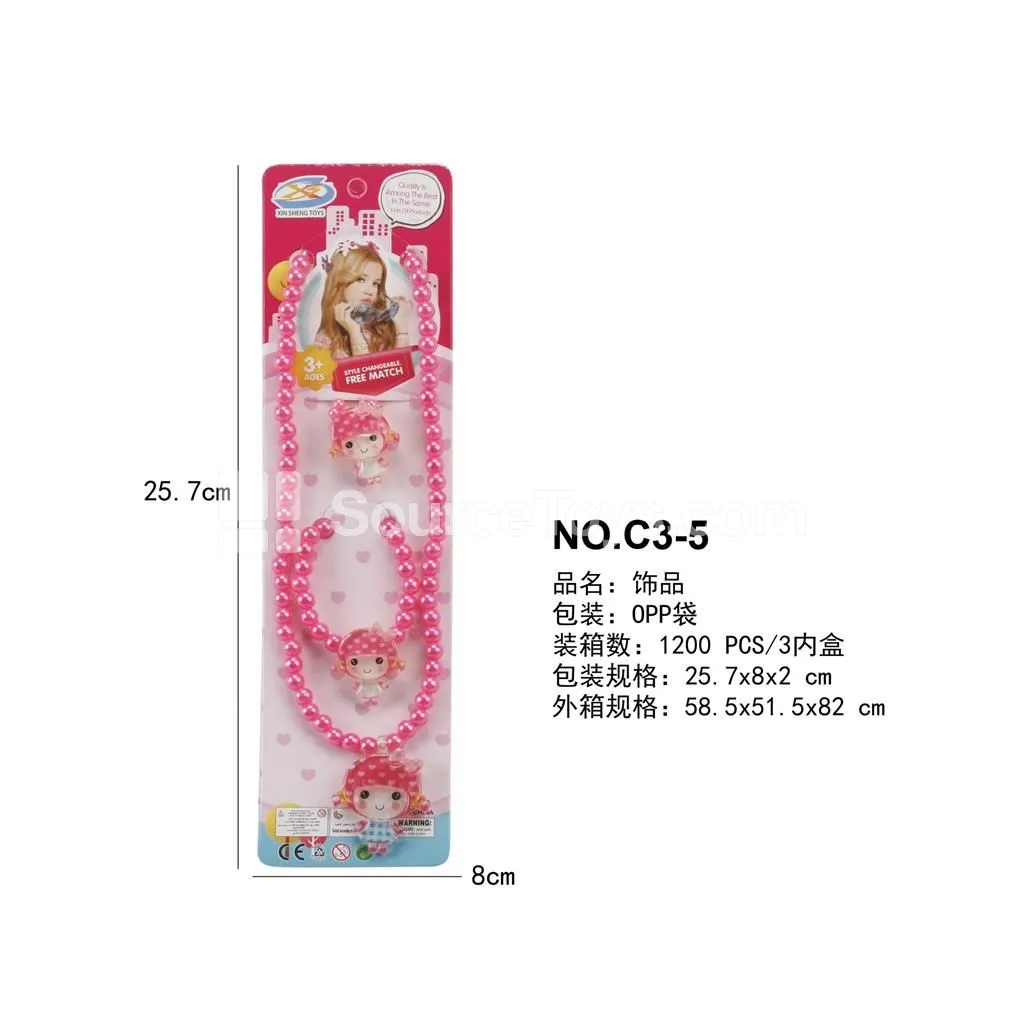 Fashion Jewelry 3-Piece Set Necklace Bracelet Ring for Girls Pretend-Play Role-Play