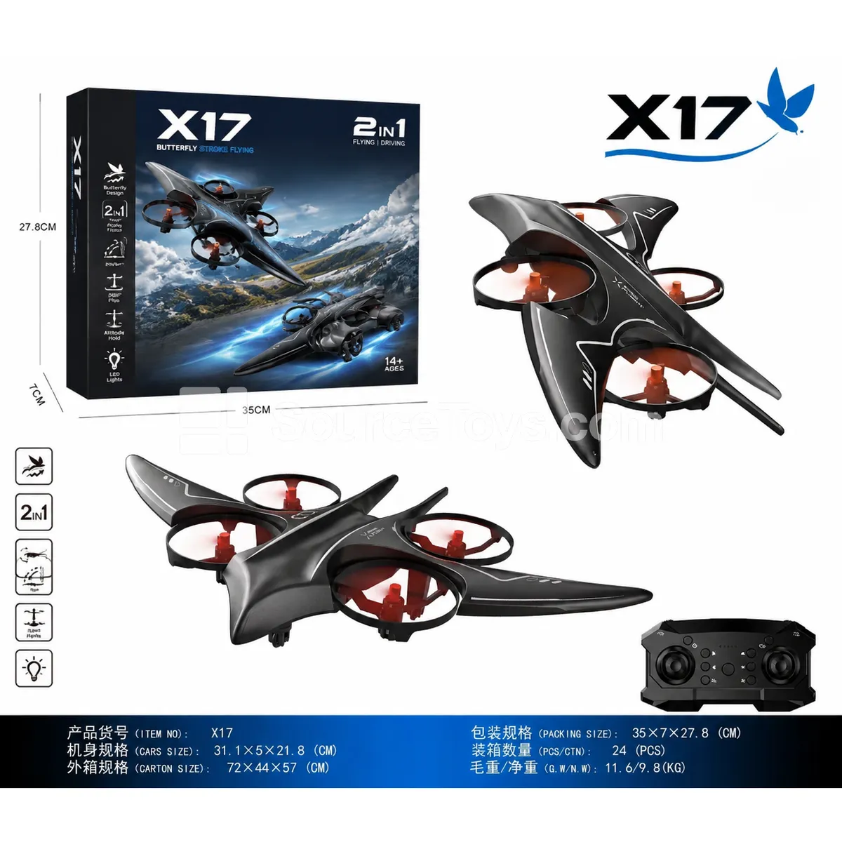 Drone Quadcopter Remote Control Flying Toy with RC Car and Flying Bird Modes