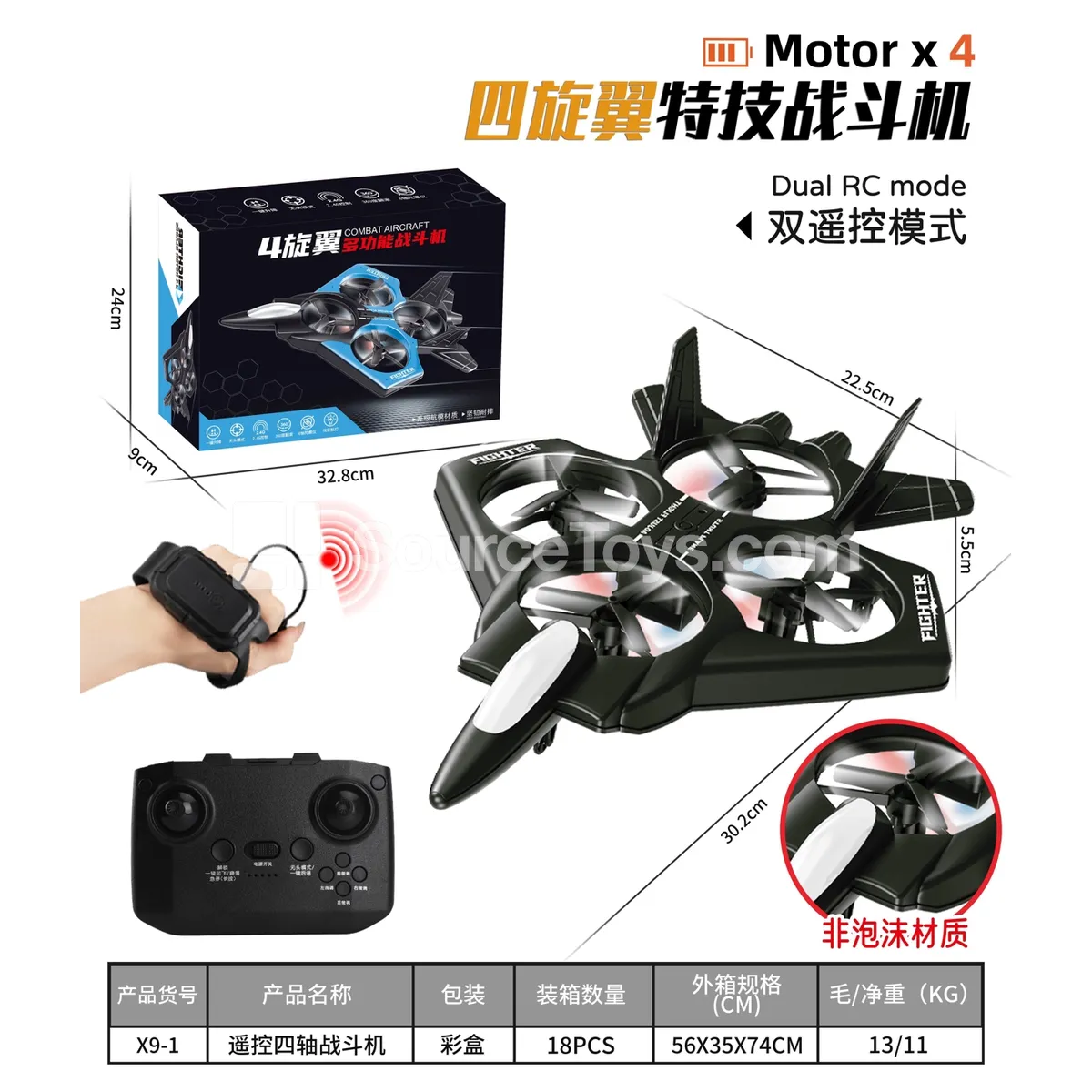 Black Remote Control Quadcopter Fighter, Dual Remote Control, Non-Foam Material