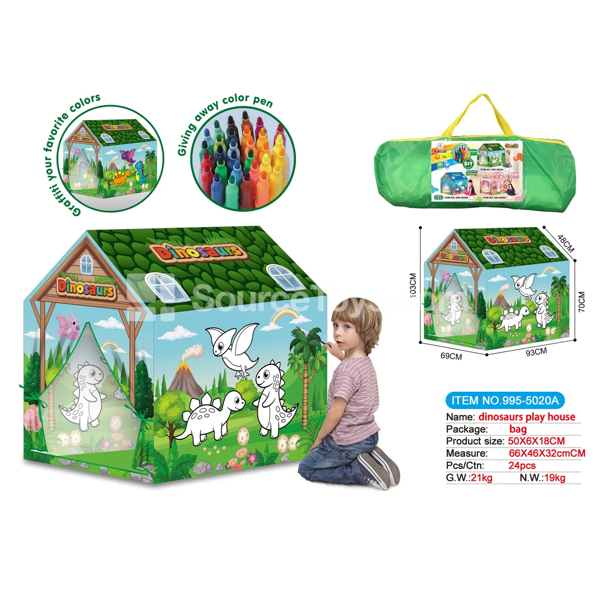 DIY Doodle Dinosaur Play Tent Playhouse with 12 Color Pens