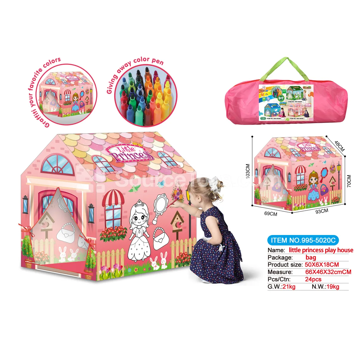 DIY Coloring Princess Play Tent Playhouse with 12 Color Pens