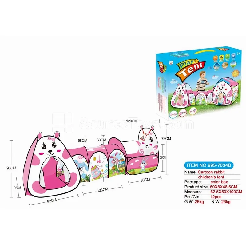 3-in-1 Cartoon Rabbit Tent with Basketball Hoop, Tunnel and Crawl Tube