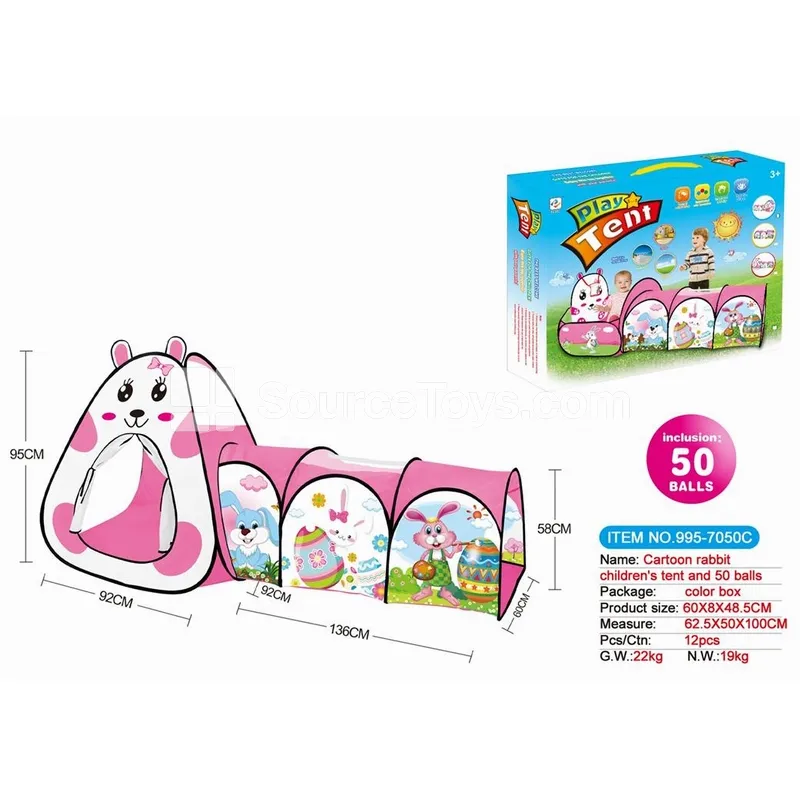 2-in-1 Cartoon Rabbit Tent Playhouse with Tunnel Crawl Tube and 50 pcs 6CM Ocean Balls